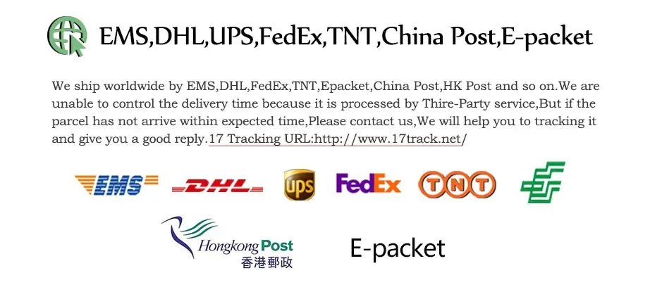 Das Bild zeigt einen multifunktionalen Elektro-Heißtopf mit Antihaftbeschichtung neben Logos von Versanddiensten, darunter ems, dhl, ups, fedex, tnt, china post und e-packet.