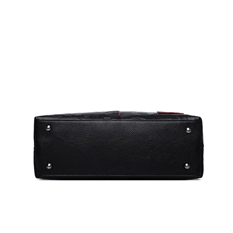 Black crossbody handbag style1 style2 made of black textured pu leather with silver-toned metal feet and a subtle red zipper pull.