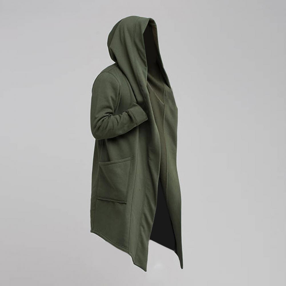 Capa larga gótica con capucha para hombre en verde oliva, con silueta relajada y bolsillos delanteros.