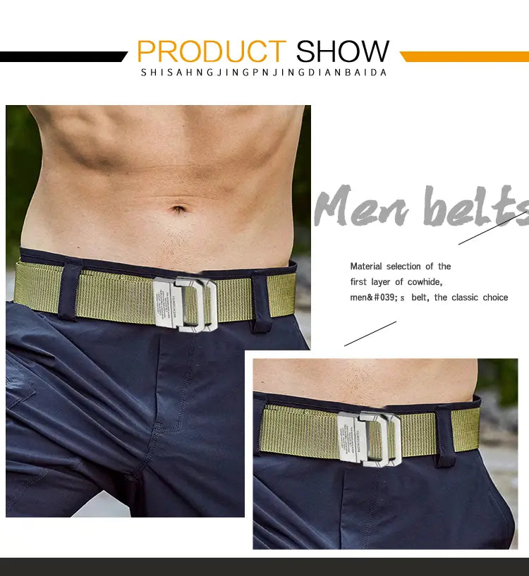 Olive green tactical canvas webbing belt with automatic silver-toned buckle and black trim.