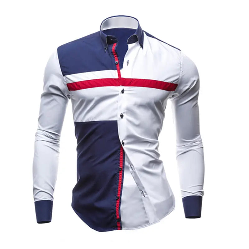 Men striped slim fit long sleeve casual shirt featuring a white navy blue and red color-block design with contrasting buttons along the front placket.