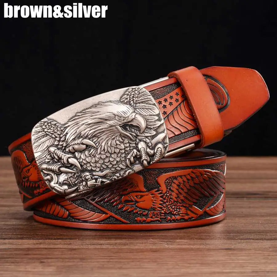 Men’s brown leather ratchet belt featuring a detailed silver eagle buckle and matching embossed eagle design along the strap.