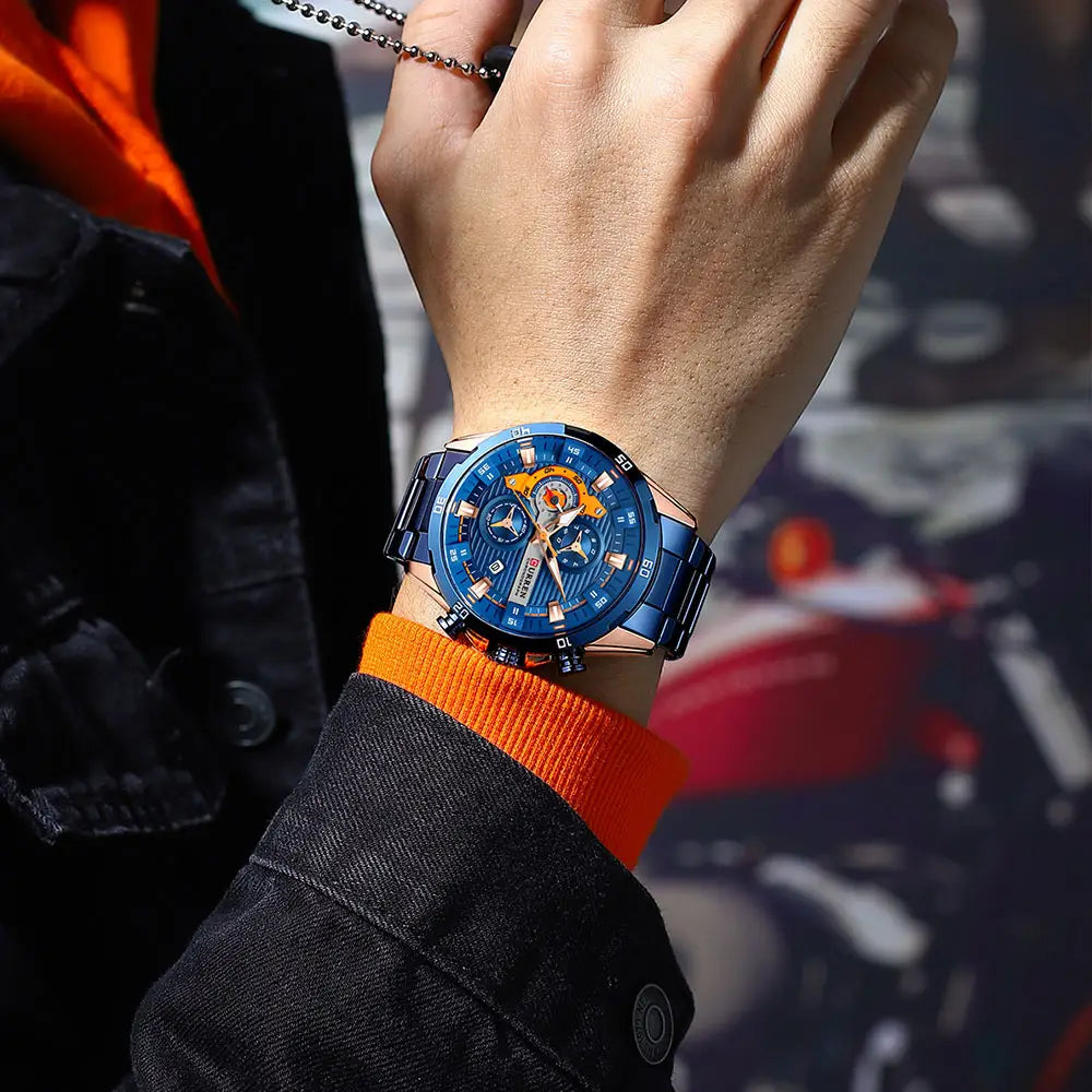 Blue and orange chronograph watch with a metallic bracelet by Curren men black green chronograph stainless steel watch.