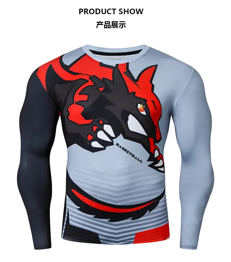 A long-sleeved compression basketball shirt with a bold red and black dragon print and basketball text on a light gray body with striped accents.