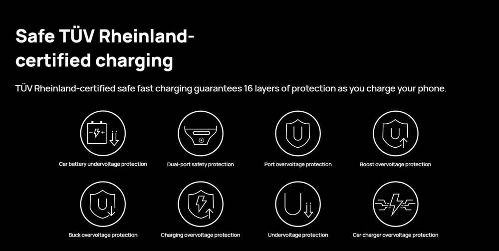 Huawei 50w wireless car charger in black featuring a TÜV Rheinland-certified charging system with 16 layers of protection for fast phone charging.