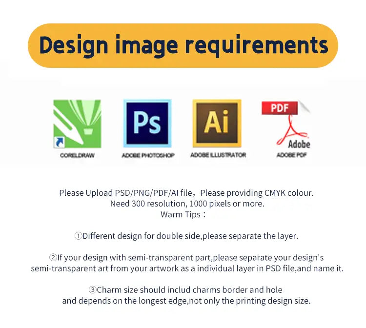 The image displays design requirements for uploading artwork to adobe for a custom acrylic anime photo keychain featuring personalized cartoon charm in cmyk color and 300 resolution with file types psd png pdf and ai.