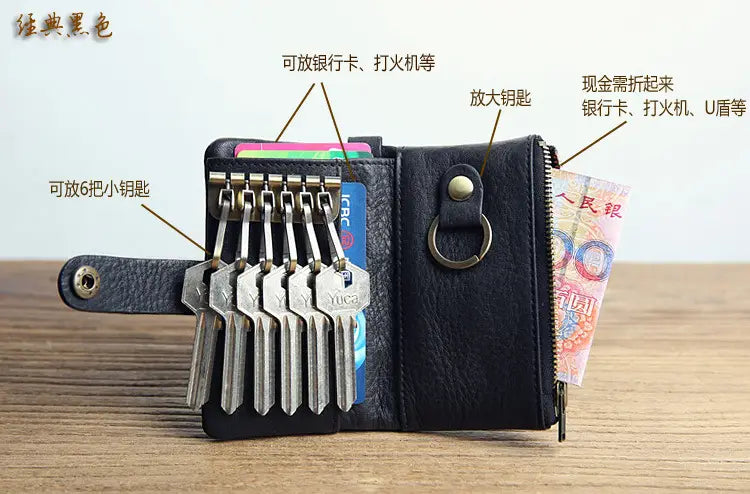 Black leather key chain wallet for men with multiple slots for keys cards and cash.