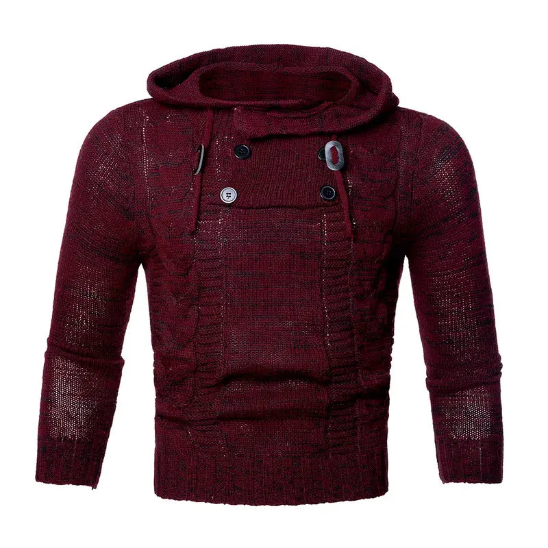 Figurbetonter Herren-Strickpullover mit Kapuze aus weinrotem strukturiertem Strick mit Verschluss mit Knopf vorne und kontrastierenden metallischen Knöpfen.