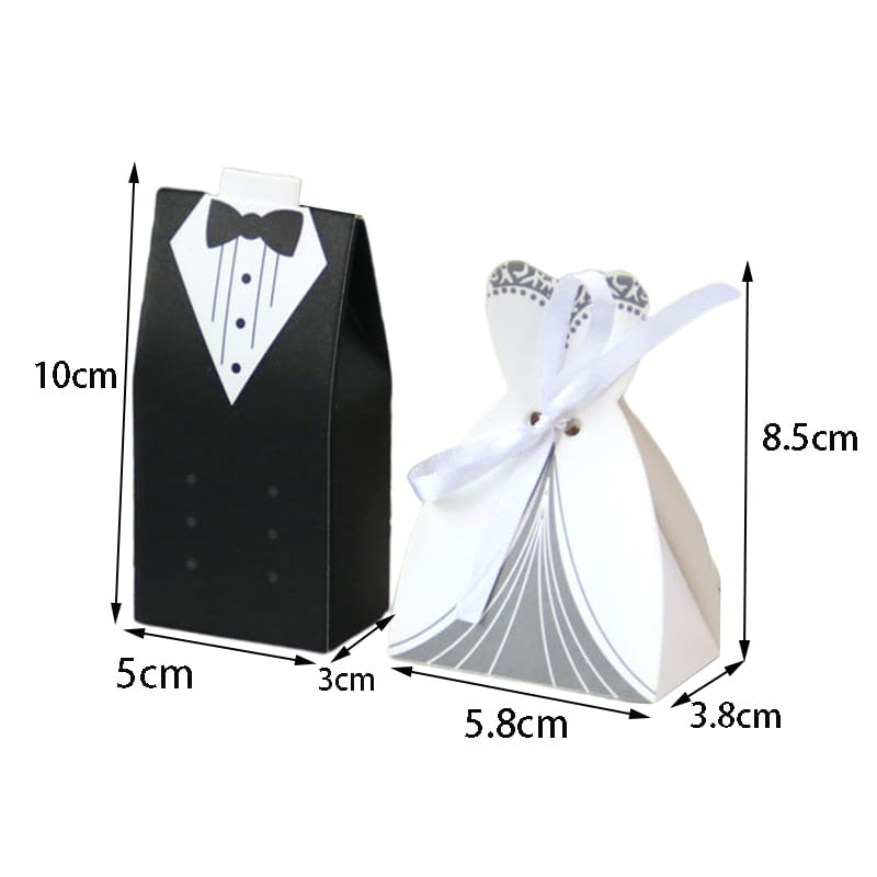 Black and white tuxedo-themed wedding favor candy box with a bow tie design for bride and groom packaging in a set of 30 pieces.