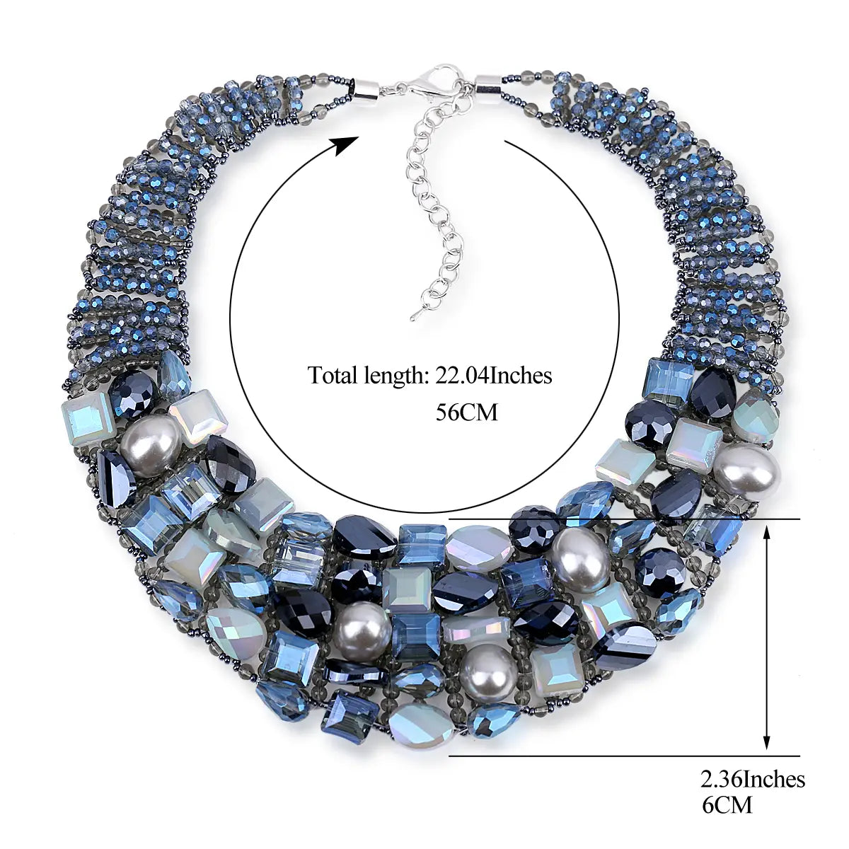 A crystal pearl statement choker necklace featuring multiple rows of blue and silver-toned crystals, pearls, and faceted stones in a layered design with a silver clasp.