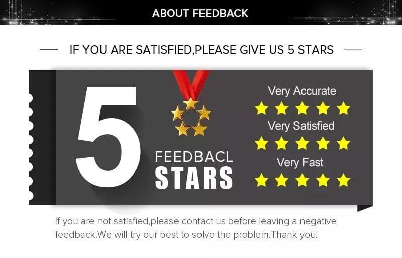 Grafik zur Feedback-Bewertung mit dem großen Zahl 5: Feedback-Sterne-Text und fünf goldene Sterne in einer kreisförmigen Anordnung um ein rotes Band für Satin-Hosen mit weitem Bein für Damen.