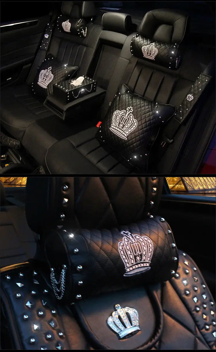 black quilted leather car seat cushions and headrest covers with sparkling silver crown embroidery and studded trim in the crown leather car steering wheel cover set