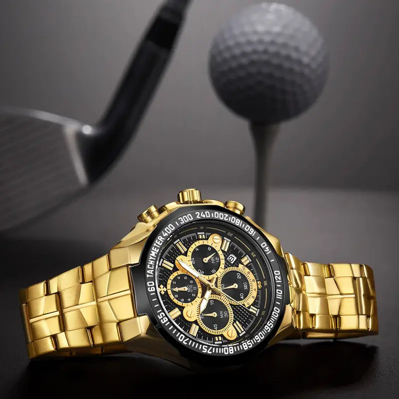 Gold-tone chronograph watch for men with a black dial, three subdials, and a stainless steel luxury link bracelet.
