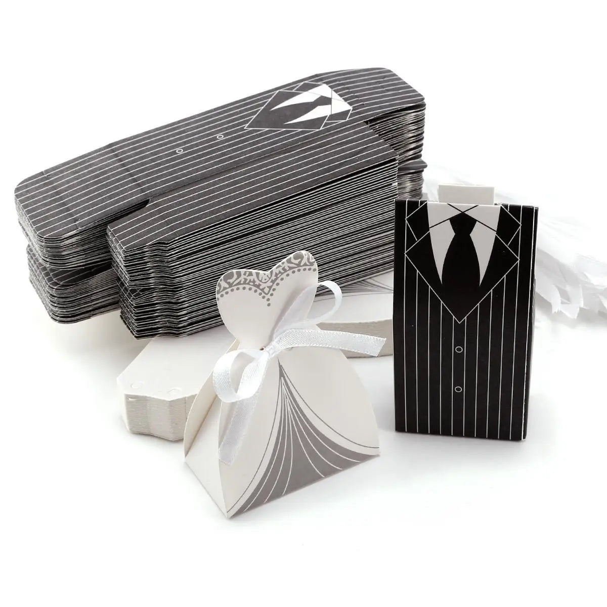 Elegant black and white striped paper bride and groom wedding favor candy boxes designed to resemble formal attire in a set of 30 pieces.