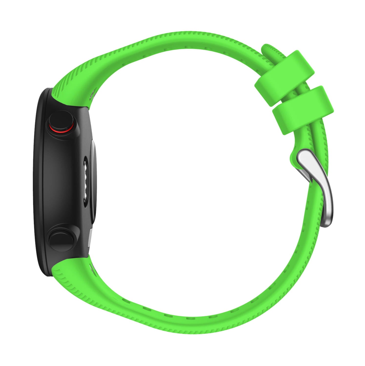 Correa de silicona verde lima vibrante de alta calidad para Garmin Forerunner y Garmin Swim, con hebilla de tono plateado y caja negra.