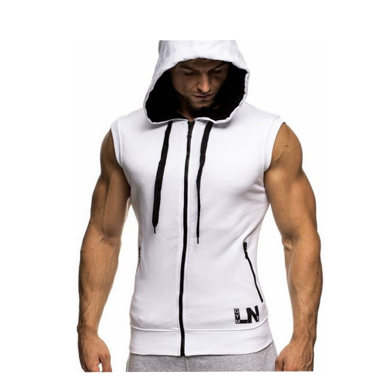 Men sleeveless zip hoodie gym tank top in white with black inner lining and drawstrings featuring a front zipper and side pockets designed for activewear.
