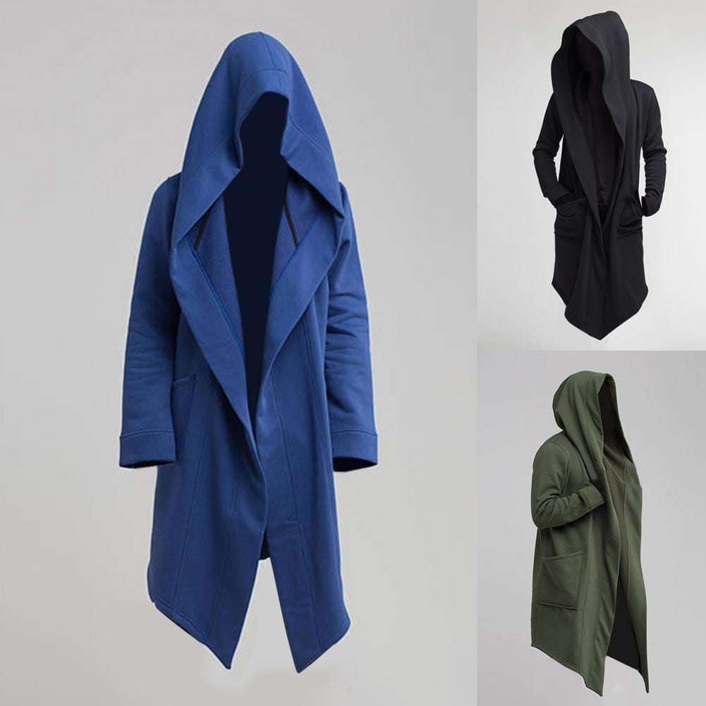 Capa larga gótica con capucha para hombre en azul, con diseño de trench con capucha, que presenta una silueta larga y fluida y bolsillos delanteros.