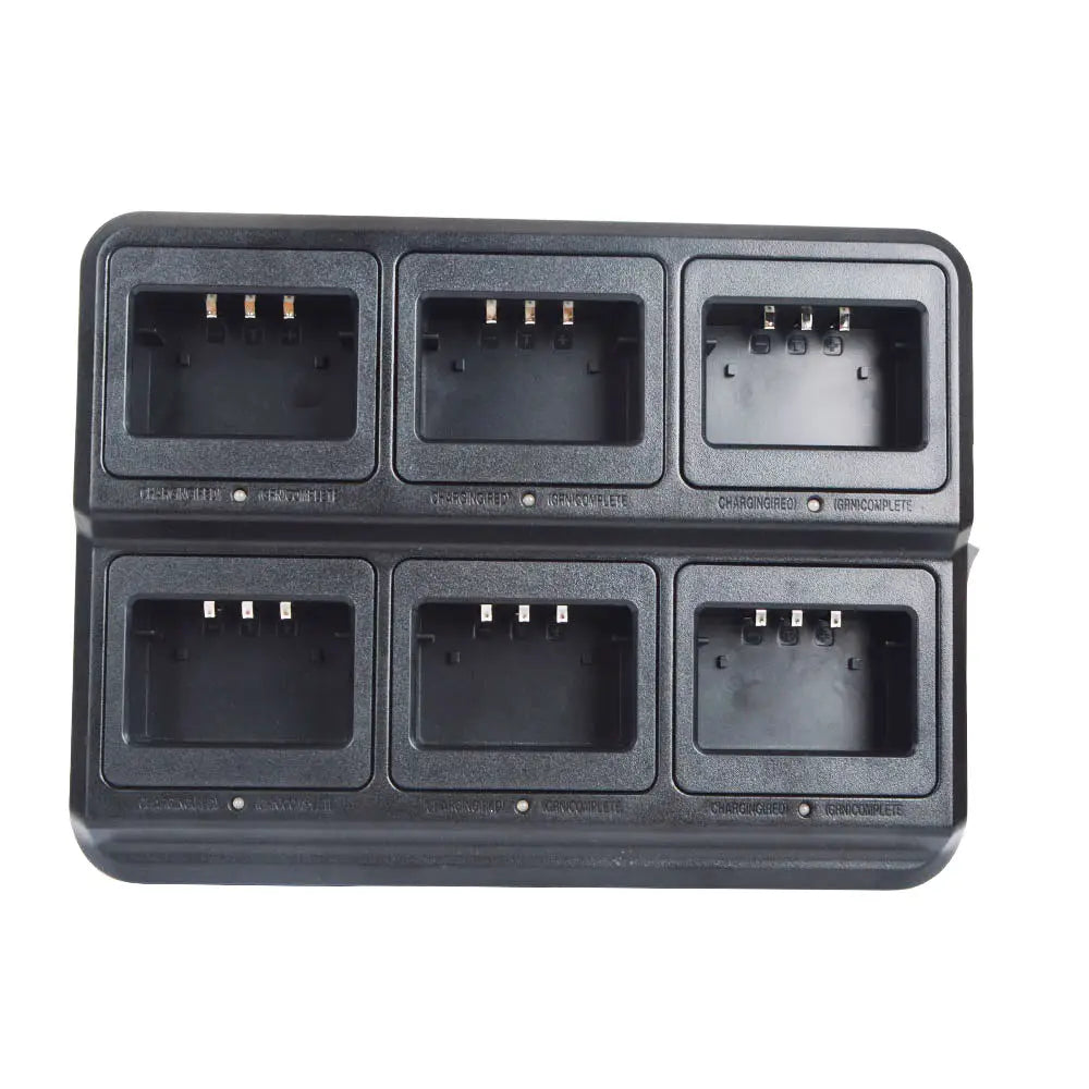 Black plastic bl-5x6 six way rapid walkie talkie charger with six compartments and indicator lights for uv-5r radios.