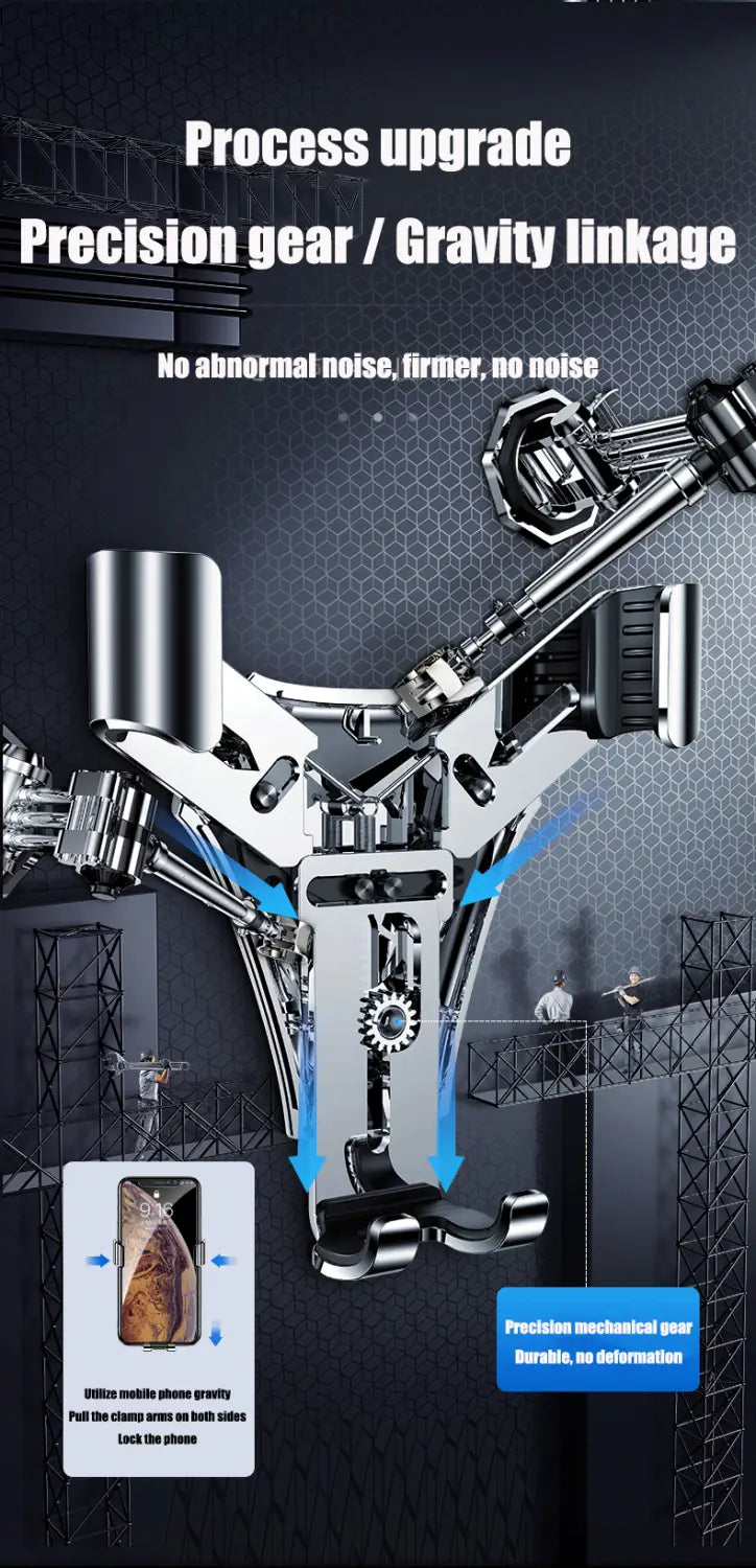 Support de téléphone de voiture sans fil Mg Rx5 en argent métallisé, avec conception d’engrenage de précision et de mécanisme d’entraînement par gravité, visible depuis l’arrière