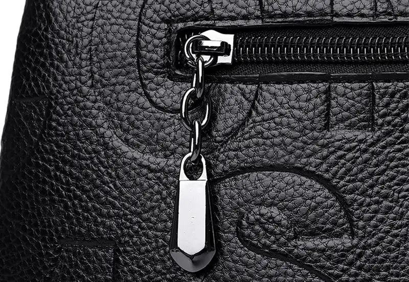 Black crossbody handbag style1 style2 made of black textured pu leather satchel with silver-toned zipper pull and chain.
