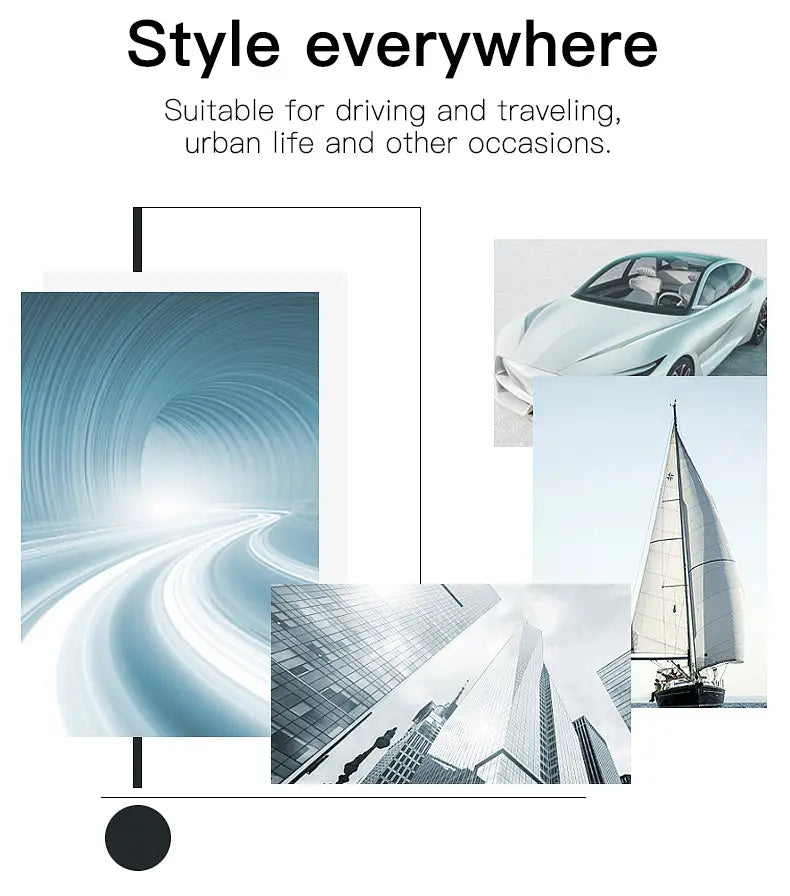 Modern minimalist advertisement featuring square gradient sunglasses for women in brown and gold with a sleek silver futuristic car urban skyscrapers and a sailboat against abstract blue motion lines.
