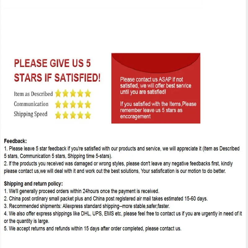a red envelope with white text urging customers to leave five-star feedback for satisfaction included with glitter easter foam eggs 80 pcs diy party decor