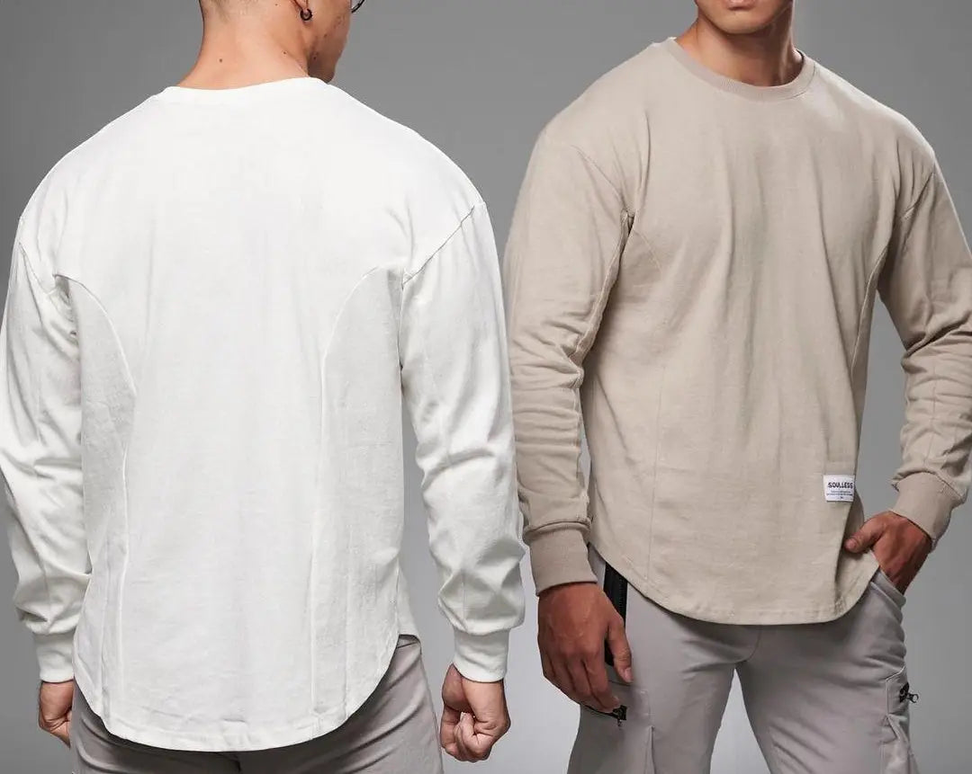 Men long sleeve cotton t shirt with a curved hem in solid white and beige featuring a minimalist design and relaxed fit.