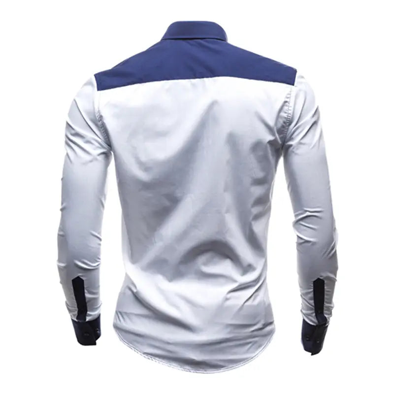 Men striped slim fit long sleeve casual shirt in white featuring navy blue accents on the collar and shoulders with black trim at the cuffs.
