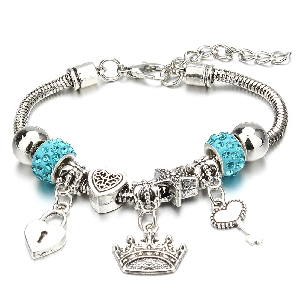 Charm Bracelet & Bangles Jewelry 6 Color Clay Zircon Ball Crown key lock Shape Beads Bracelets For Women Girl Friendship Gift