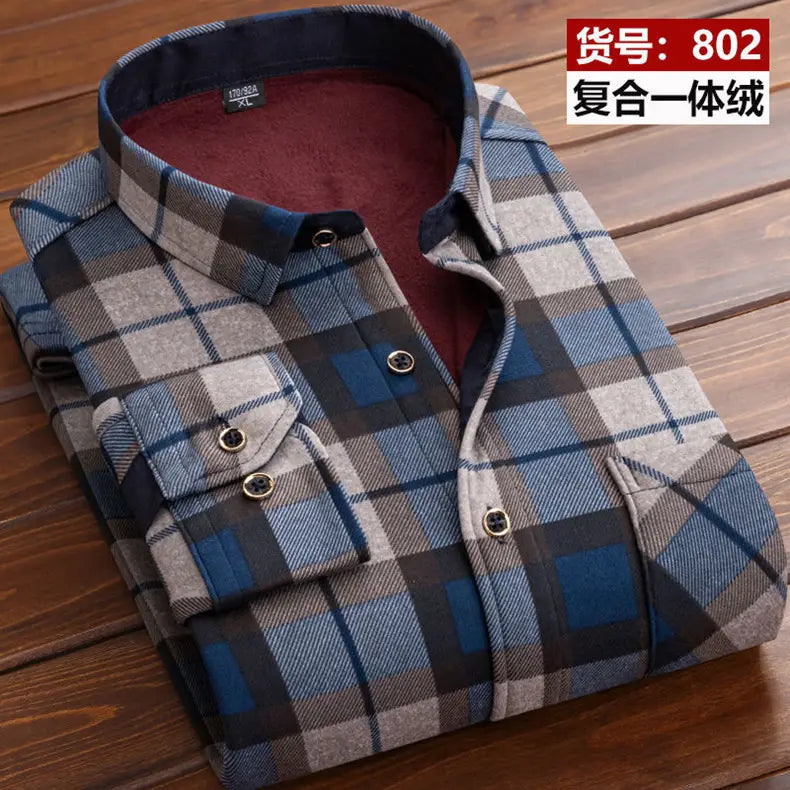 Chemise décontractée pour homme à coupe ajustée, manches longues, en flanelle à carreaux bleu gris et noir, avec un col doublé en polaire.