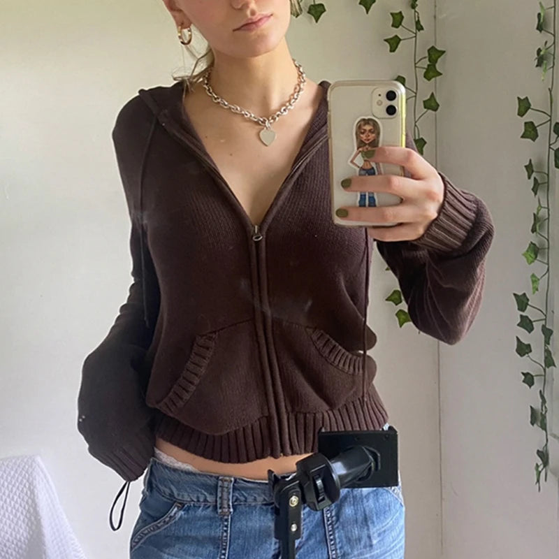 Women Autumn Hoodies Sweater Cardigan Knit Long Sleeve Crop Top Harajuku Color Zipper Front Warm Fit Outwear