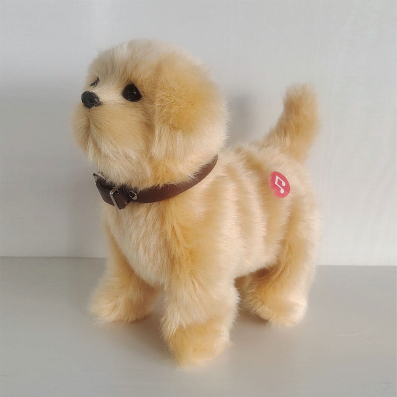 淡い金色の毛並みのぬいぐるみ子犬用おもちゃで、茶色のレザーカラーと背面のピンク色の円形ステッカーを備え、歩行時の吠え機能を備えたサウンド制御ロボット犬用おもちゃとして設計されています。
