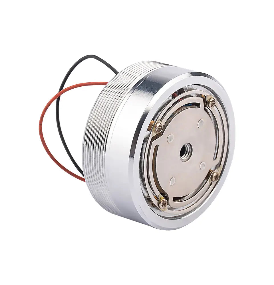 Aiyima 25w full range sound exciter speaker featuring a chrome finished cylindrical motor with visible internal components and two wires emerging from its side.