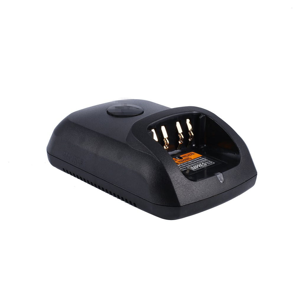 Cargador rápido de dos ranuras Motorola negro con contactos de color dorado y superficie texturizada para la carga única de radios dp4801 dp2400 dp2600 dp3400