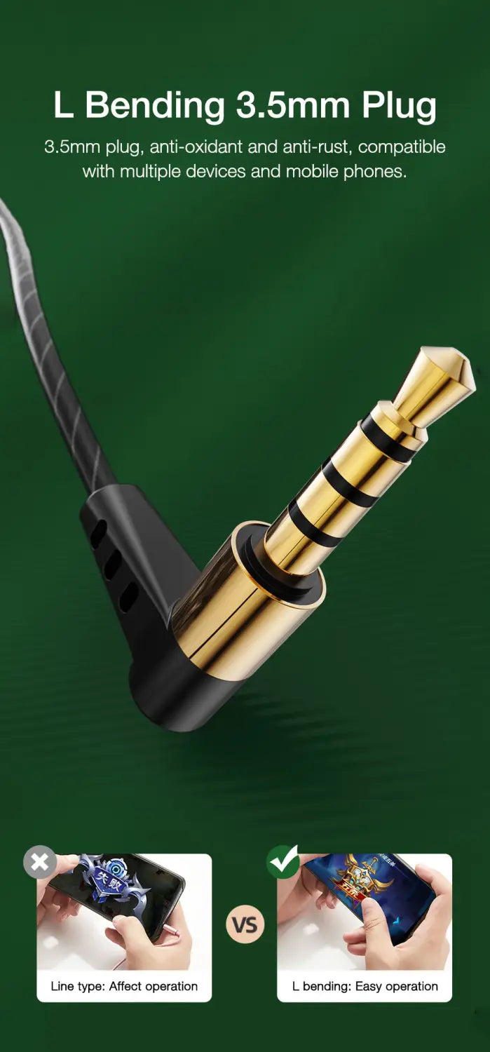 Casque d’écoute filaire vert émeraude à micro stéréo intra-auriculaire, doté d’une fiche audio 3,5 mm en forme de L de couleur dorée, d’un boîtier de protection noir et d’un câble tressé pour une connexion du casque fiable.
