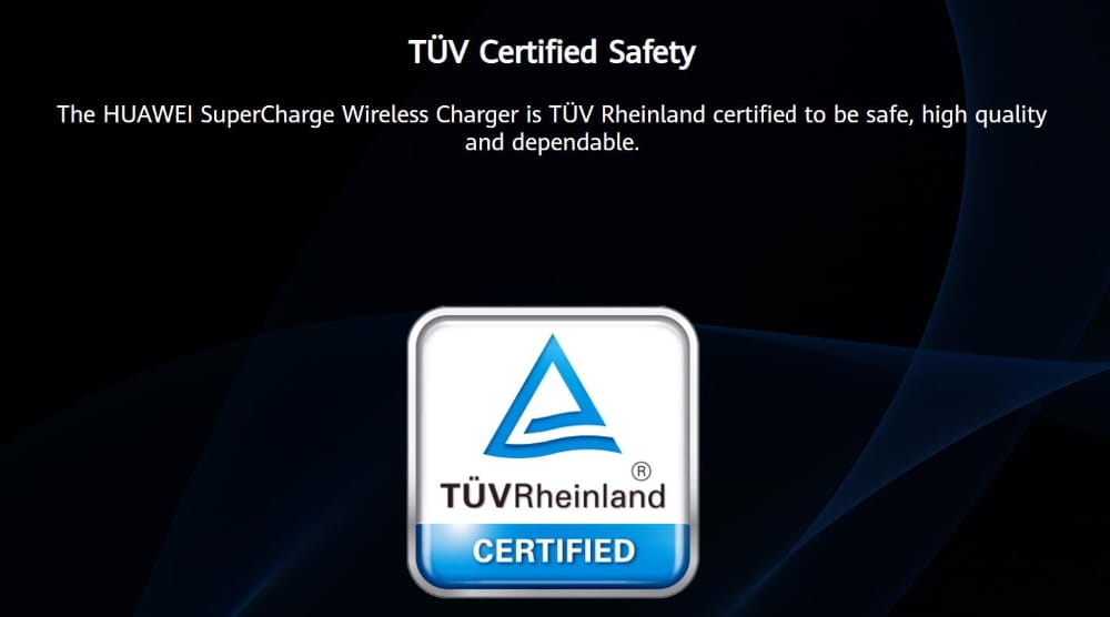 効率的なワイヤレス充電のための、TÜVラインランド認証ロゴを備えた洗練された表面の白色 Huawei ワイヤレス充電器（最大27W）。