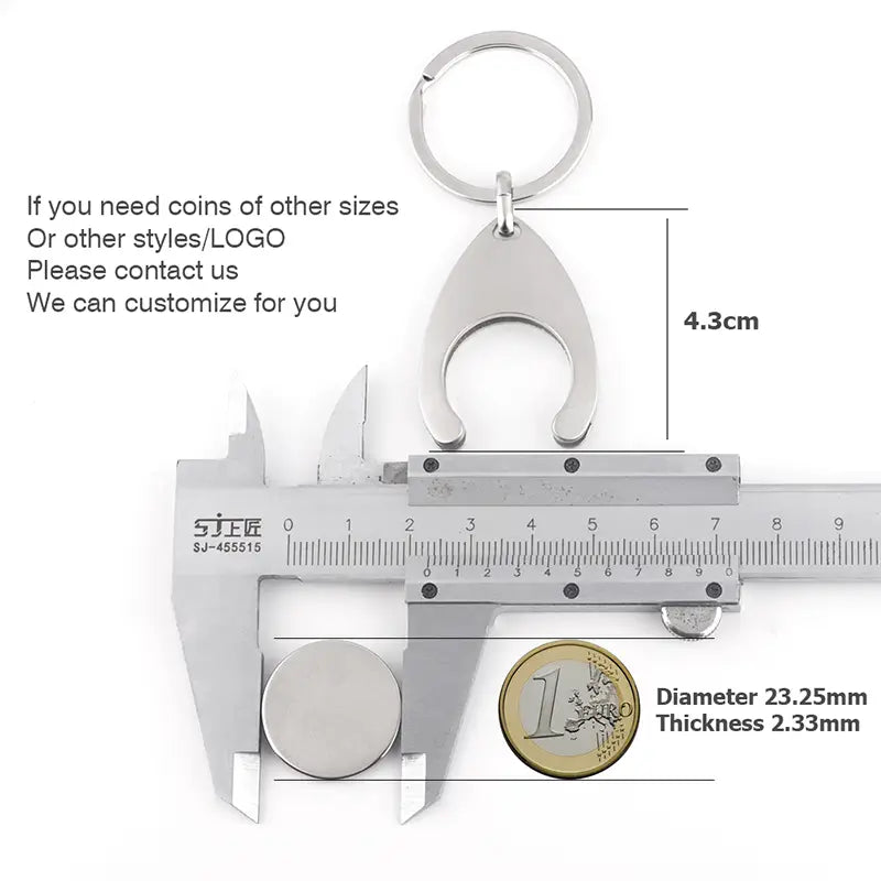 Custom engraved metal keychain featuring a silver metallic coin opener with a sleek teardrop-shaped design and a sturdy ring attachment.