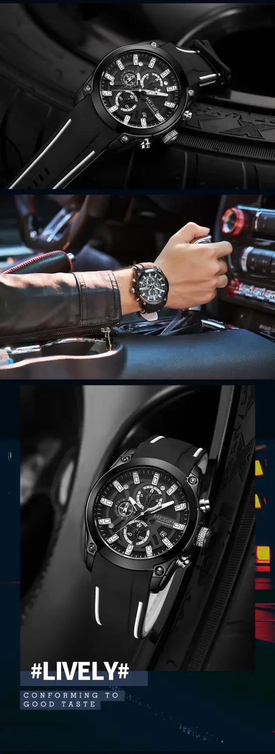 シルバートーンのアクセントを備えた黒い文字盤と、黒いラバーストラップを備えた Megir スポーツクロノグラフ シリコンウォッチ。