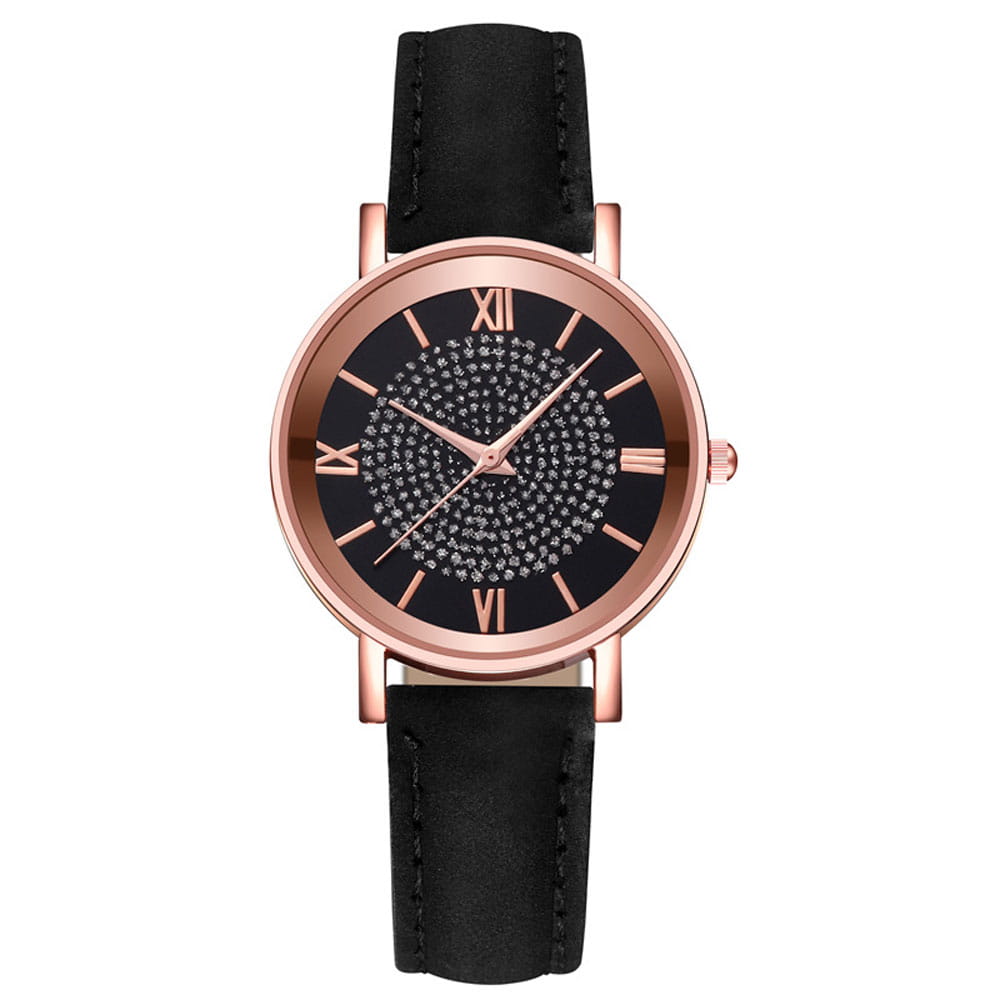 Rose gold crystal quartz women watch with a black leather strap and a dial adorned with sparkling crystals.
