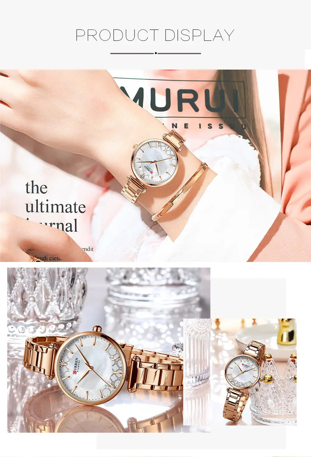 Rose gold-toned Curren women luxury thin quartz wristwatch with a white dial adorned with sparkling crystal accents and a matching metal link bracelet.