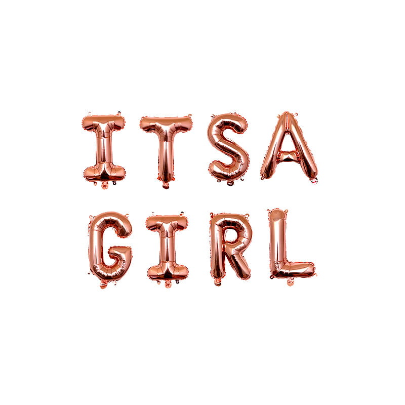Ballons en feuille rose gold en ensemble de lettres formant « c’est une fille », conçus pour la décoration de baby shower.