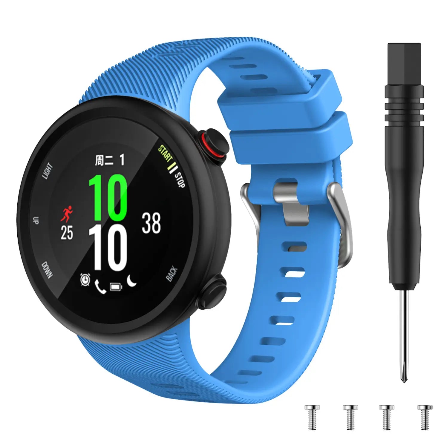 Correa de silicona azul con hebilla plateada y herramientas de reemplazo a juego para Garmin Forerunner 45 y Garmin Swim, accesorio de alta calidad
