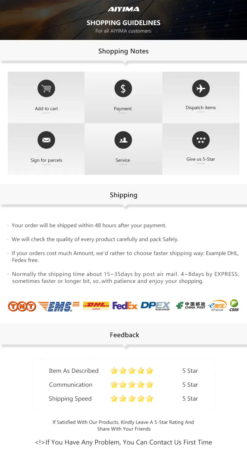 Aiyima 25w full range sound exciter speaker shopping notes page displaying icons for add to cart payment dispatch items sign for parcels service and five star feedback.