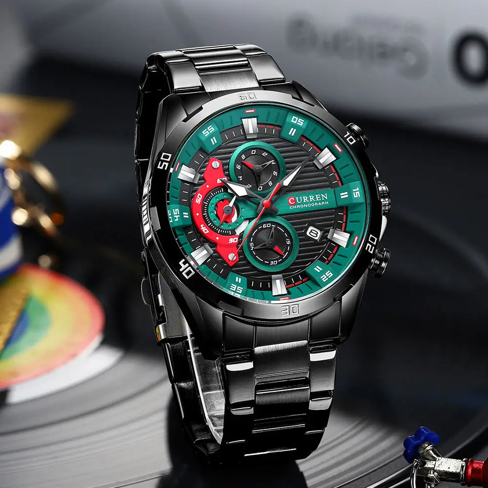 Curren men black green chronograph stainless steel watch with a vibrant green and red dial featuring multiple subdials.