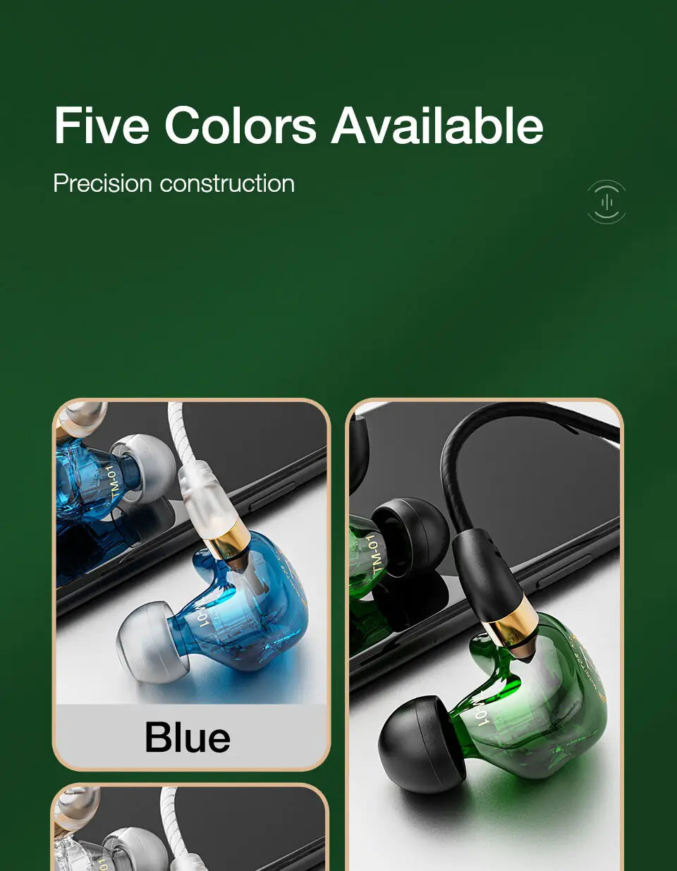 Casque d’écoute filaire bleu et vert translucides avec accents dorés : conception intra-auriculaire stéréo et micro intégré pour une utilisation mains libres.