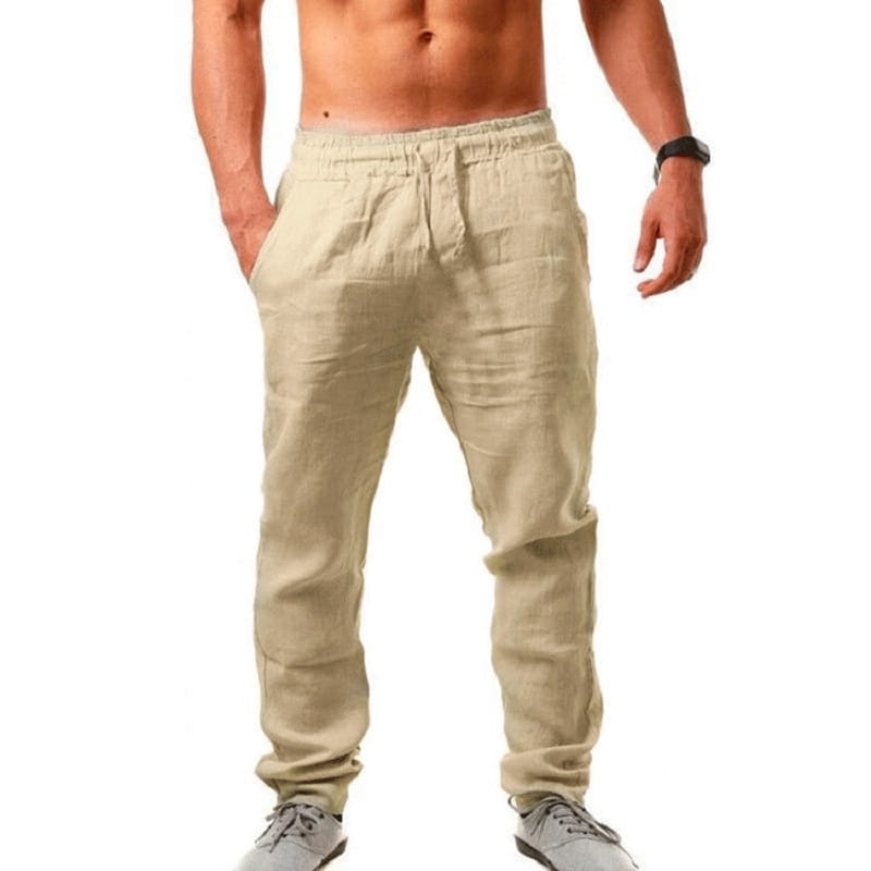 Men cotton linen casual trousers in beige featuring linen joggers with an elastic waistband and drawstring.