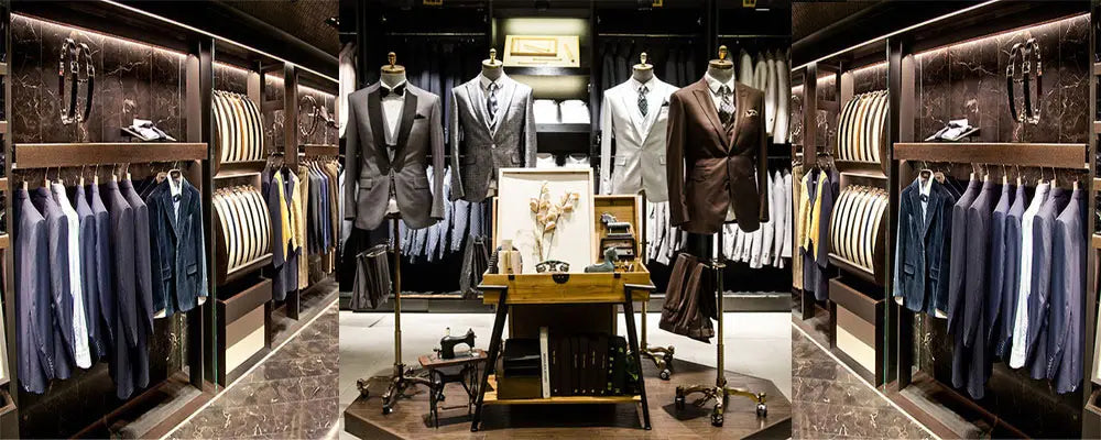 Veste de costume en cuir brun foncé affichée sur un mannequin dans une boutique de vêtements pour hommes haut de gamme et bien éclairée, complétant le produit de costume de tuxedo de mariage pour hommes en velours noir à sequins brodés de perles.