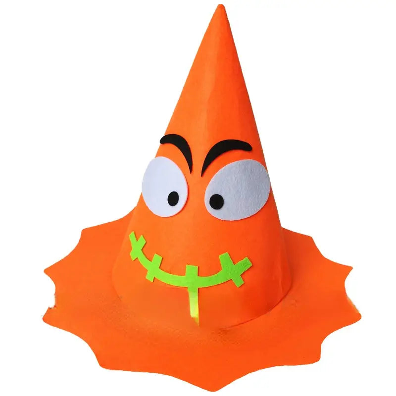 Oranger Halloween-Kegelhut mit Glitzeraugen und angenähter Mundpartie, entworfen als Kinderkostümzubehör für Halloween-Kürbis-Outfits.