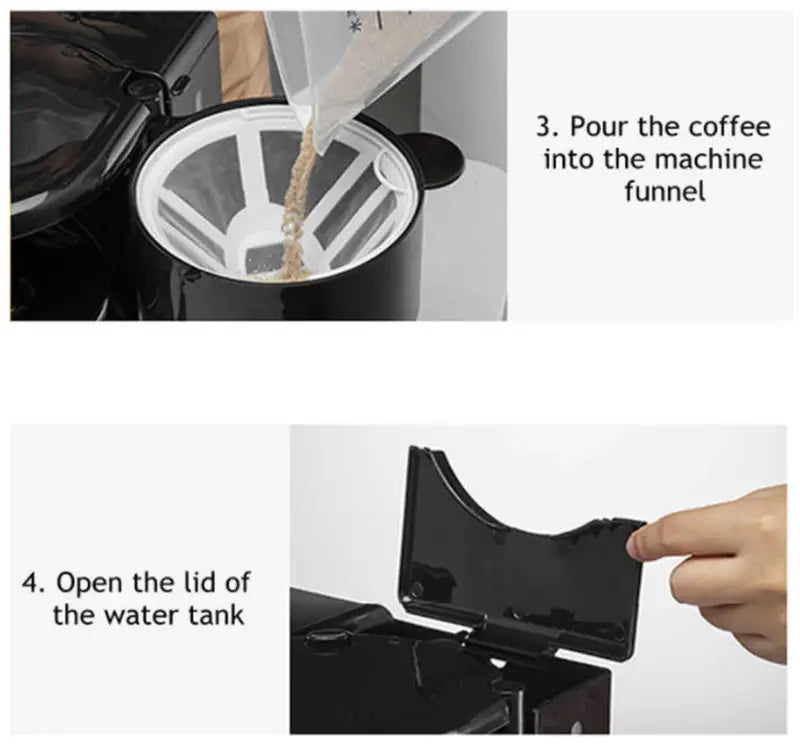 black coffee maker with a white mesh funnel and hinged lid for the water tank in the 3 in 1 breakfast station coffee maker and toaster oven