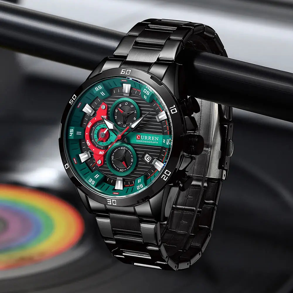 Black metal Curren men chronograph stainless steel watch with a vibrant green and red dial.